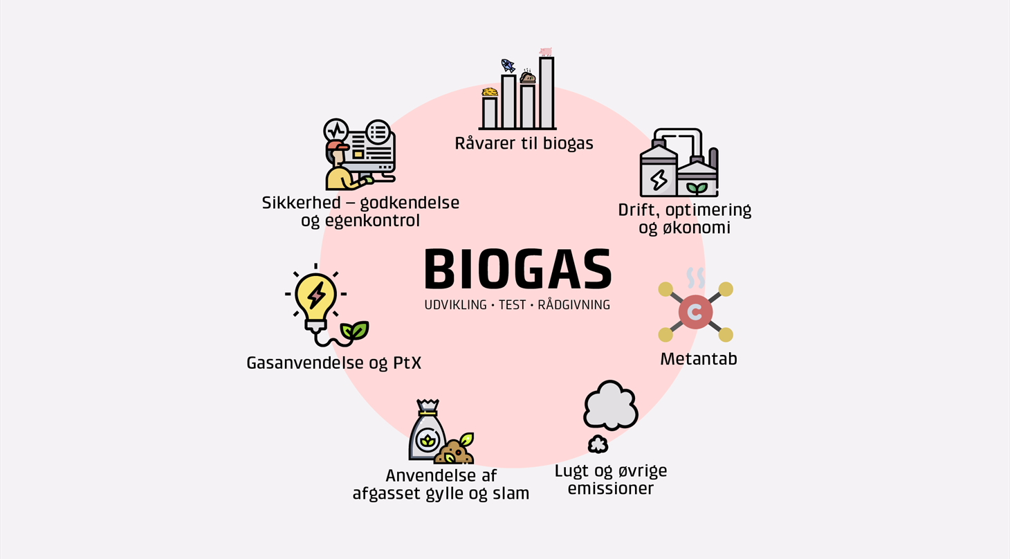 Illustration af biogasprocessens ngleomrder: rvarer, drift, sikkerhed, gasanvendelse, metantab, lugt, emissioner og anvendelse af afgasset gylle og slam.